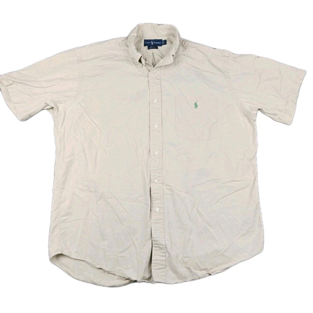 Vintage Polo Ralph Lauren Blake Button Shirt Large Beige Tan Green Pony Outdoors